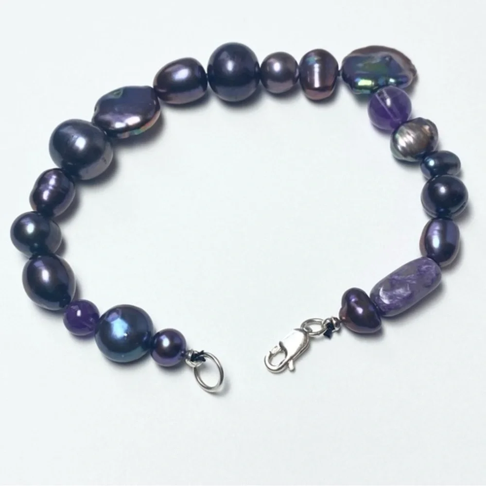 Genuine Freshwater Peacock Baroque Pearls & Amethyst Beads 925 Silver‎ Bracelet
